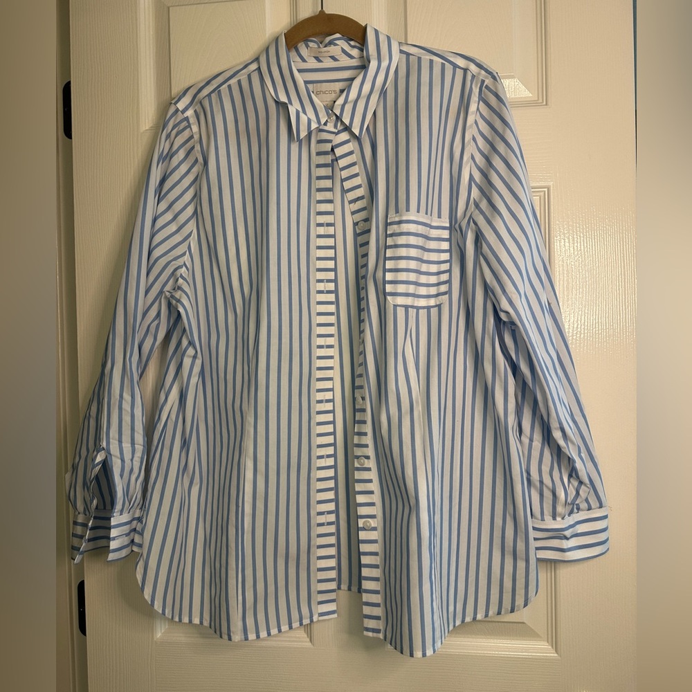 Chico's Women’s Sky and White Striped Button Down Shirt